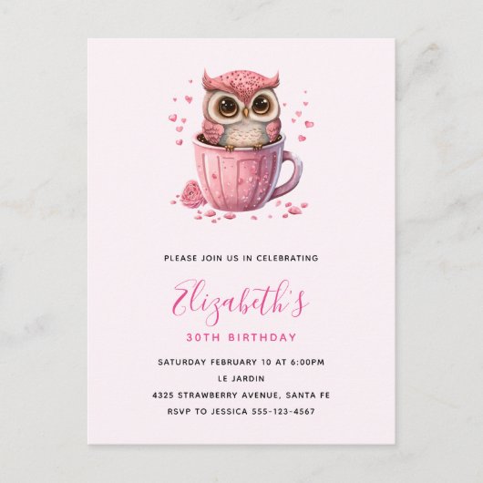 かわいいピンクのフクロウのカップ誕生日 ポストカード (正面)