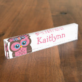 かわいいピンクのフクロウのパーソナライズなネームプレート デスクネームプレート (側面)