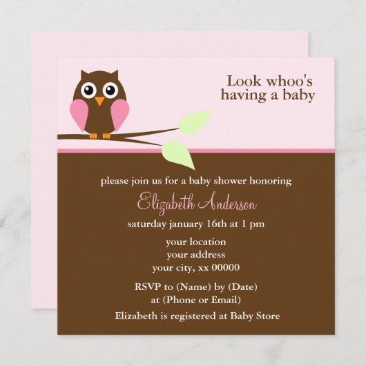 かわいいピンクのフクロウの女の子のベビーシャワー 招待状 (正面/裏面)