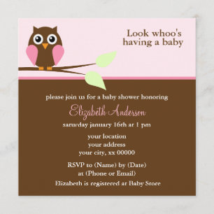 かわいいピンクのフクロウの女の子のベビーシャワー 招待状