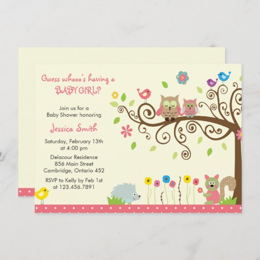 かわいいピンクのフクロウの女の子ベビーシャワー招待状 招待状 (正面/裏面)