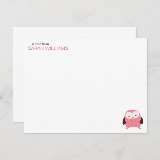 かわいいピンクのフクロウの子どもたちに感謝のメモ 招待状 (正面/裏面)