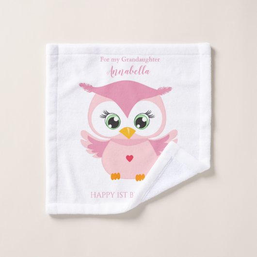 かわいいピンクのフクロウの孫娘の初誕生日 ウォッシュタオル (ウォッシュタオル)