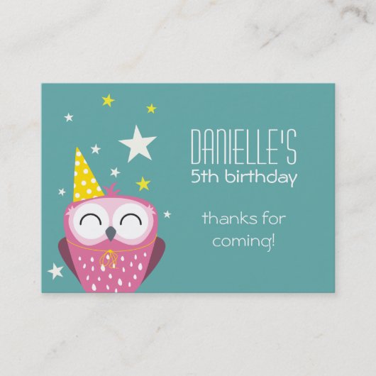 かわいいピンクのフクロウの誕生日、パーティーでお礼を 名刺 (正面)