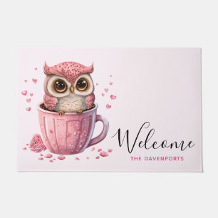 かわいいピンクのフクロウをカップウェルカム ドアマット