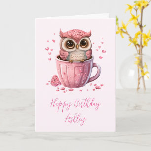 かわいいピンクのフクロウをカップ誕生日 カード