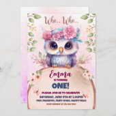 かわいいピンクのフクロウをテーマにした誕生日の招待状 招待状 (正面/裏面)
