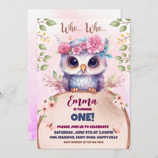かわいいピンクのフクロウをテーマにした誕生日の招待状 招待状 (正面/裏面)