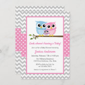 かわいいピンクのフクロウ家族グレーシェブロン女の子ベビーシャワー 招待状 (正面/裏面)