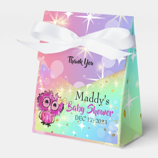 かわいいピンクのフクロウ星きらきら赤ちゃんシャワー フェイバーボックス (正面サイド)