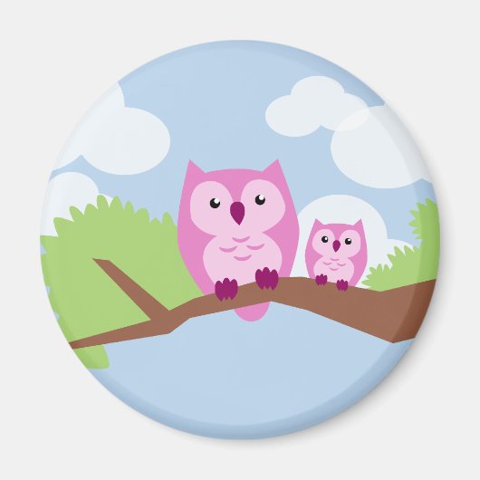 かわいいピンクのフクロウ母とベビー マグネット (正面)