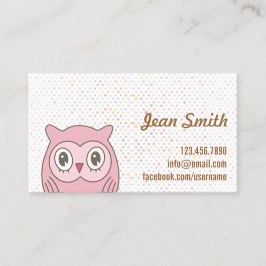 かわいいピンクのフクロウ水玉模様名刺 名刺 (正面)