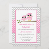 かわいいピンクのフクロウ灰色のシェブロンの女の子ベビーシャワー 招待状 (正面)