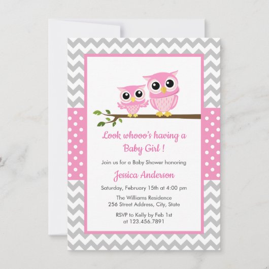 かわいいピンクのフクロウ灰色のシェブロンの女の子ベビーシャワー 招待状 (正面)