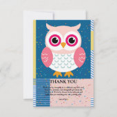 かわいいピンクのフクロウ男女兼用ウッドランドベビーシャワー サンキューカード (正面)