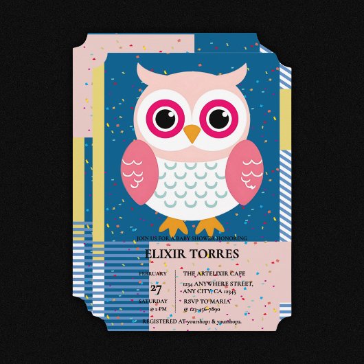 かわいいピンクのフクロウ男女兼用ウッドランドベビーシャワー 招待状