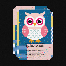 かわいいピンクのフクロウ男女兼用ウッドランドベビーシャワー 招待状