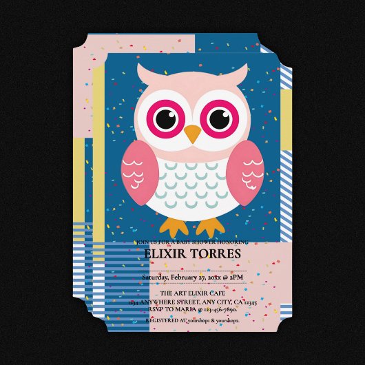 かわいいピンクのフクロウ男女兼用ウッドランドベビーシャワー 招待状