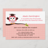 かわいいピンクのフクロウ 小学校の卒業パーティー 招待状 (正面/裏面)