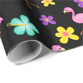 かわいいピンクのフラミンゴとフラワーブラック ラッピングペーパー (ロールコーナー)