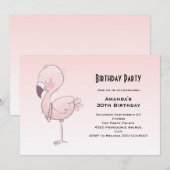 かわいいピンクのフラミンゴのイラスト誕生日 招待状 (正面/裏面)
