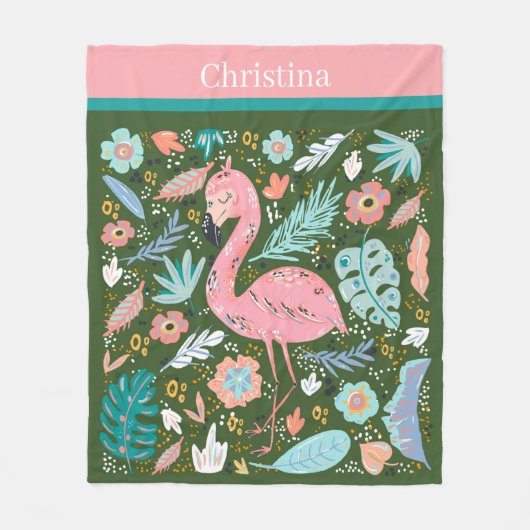 かわいいピンクのフラミンゴの名前 フリースブランケット (正面)