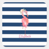 かわいいピンクのフラミンゴの花ストライプの。 スクエアシール (正面)