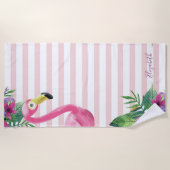 かわいいピンクのフラミンゴの葉ヤシの花 ビーチタオル (正面)