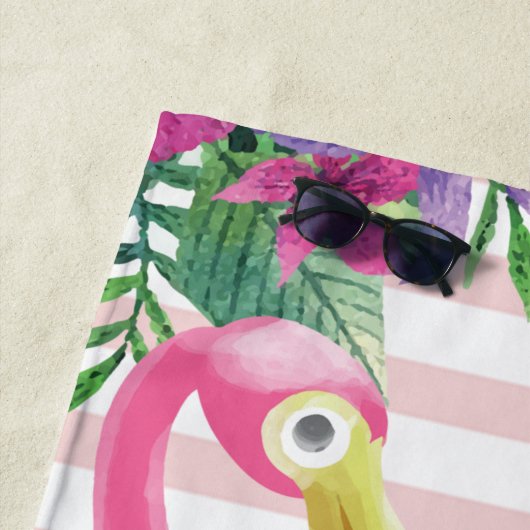 かわいいピンクのフラミンゴの葉ヤシの花 ビーチタオル (インサイチュ)