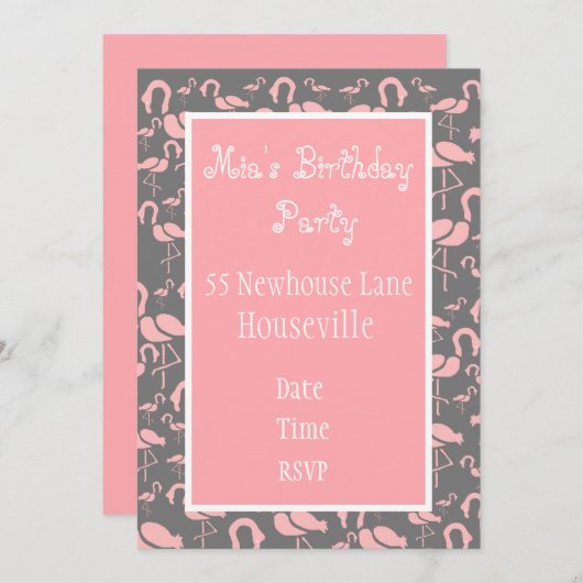 かわいいピンクのフラミンゴアートガールパーティー 招待状 (正面/裏面)