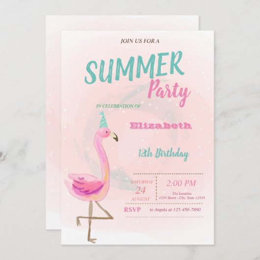 かわいいピンクのフラミンゴスサマーバースデーパーティー 招待状 (正面/裏面)