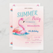 かわいいピンクのフラミンゴスサマーバースデーパーティー 招待状 (正面/裏面)