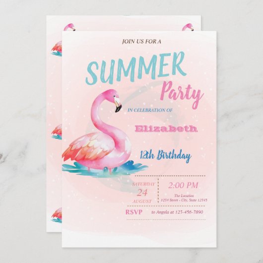 かわいいピンクのフラミンゴスサマーバースデーパーティー 招待状 (正面/裏面)