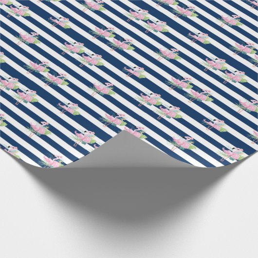かわいいピンクのフラミンゴストロピカルリーフストライプのクラシック ラッピングペーパー (角)