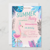 かわいいピンクのフラミンゴスブルーパームリーフバースデーパーティー 招待状 (正面)