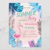 かわいいピンクのフラミンゴスブルーパームリーフバースデーパーティー 招待状 (正面/裏面)