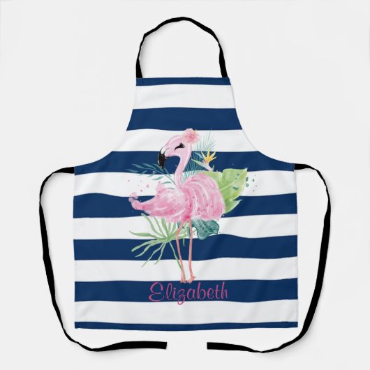 かわいいピンクのフラミンゴス熱帯の葉ストライプの、 エプロン (正面)