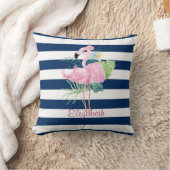 かわいいピンクのフラミンゴス熱帯の葉ストライプの、 クッション (ブランケット)
