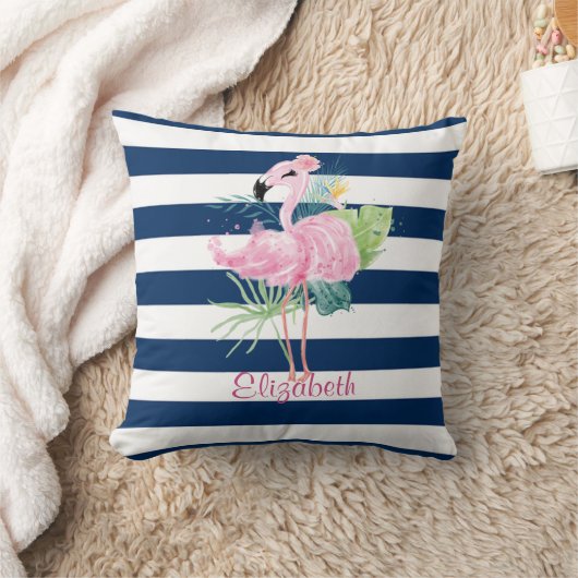 かわいいピンクのフラミンゴス熱帯の葉ストライプの、 クッション (ブランケット)