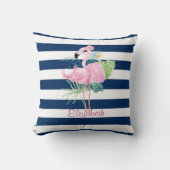 かわいいピンクのフラミンゴス熱帯の葉ストライプの、 クッション (正面)