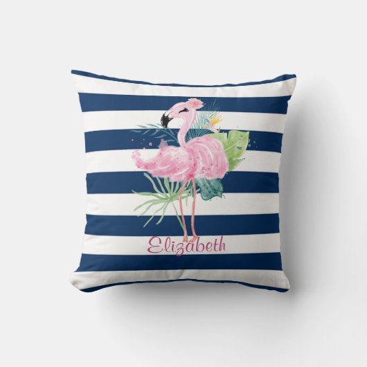 かわいいピンクのフラミンゴス熱帯の葉ストライプの、 クッション (正面)