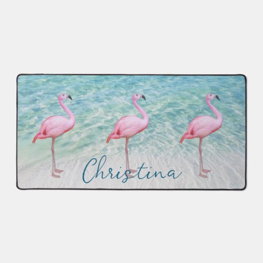 かわいいピンクのフラミンゴス熱帯ビーチカスタマイズ デスクマット (正面)