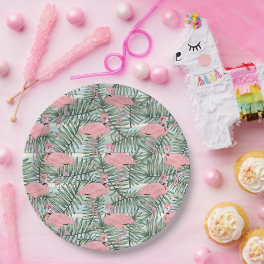 かわいいピンクのフラミンゴズパームリーフレスアートパターン ペーパープレート (パーティー)