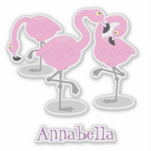 かわいいピンクのフラミンゴトリオ漫画イラストレーション シール (正面)