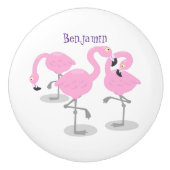 かわいいピンクのフラミンゴトリオ漫画イラストレーション セラミックノブ (正面)
