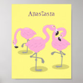 かわいいピンクのフラミンゴトリオ漫画イラストレーション ポスター (正面)