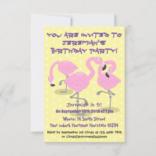 かわいいピンクのフラミンゴトリオ漫画イラストレーション 招待状 (正面)