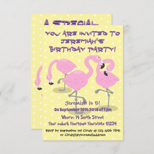 かわいいピンクのフラミンゴトリオ漫画イラストレーション 招待状 (正面/裏面)