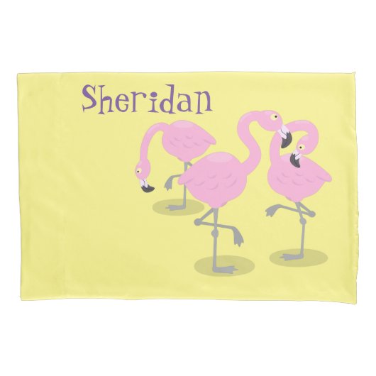 かわいいピンクのフラミンゴトリオ漫画イラストレーション 枕カバー (正面)