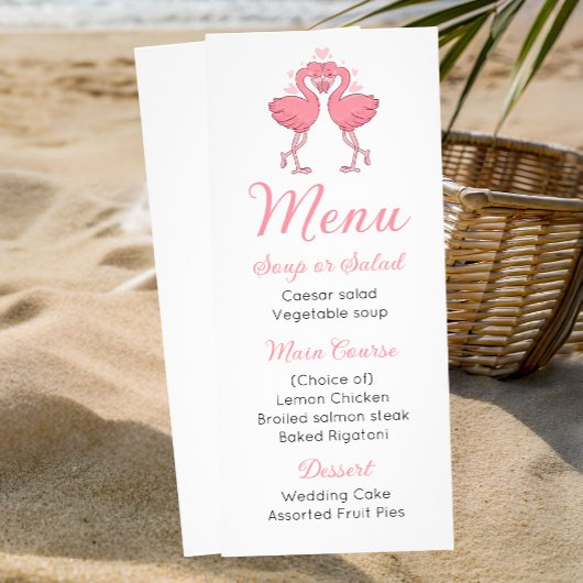 かわいいピンクのフラミンゴビーチトロピカルウェディングメニュー ラックカード